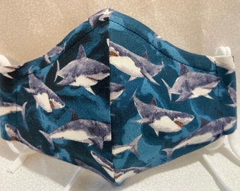 Shark face mask / 100%cotton/  Nose Wire/ Filter Pocket/ cotton ear loops with adjuster/ Double layers/Breathable/ washable/ Lightweight/