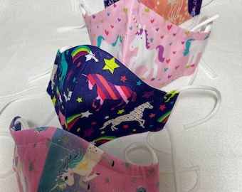Unicorn face mask/100% cotton / NoseWire/Filterpocket/Adjustable Ear loops/Double layers/Breathable/ Washable/ lightweight/ Made in USA