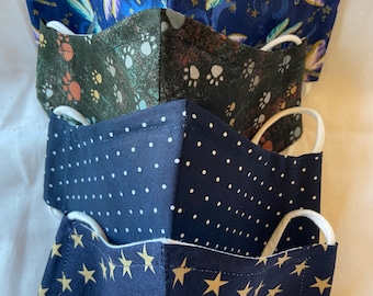 Blue pattern masks/100%cotton/Breathable/ Lightweight/ Washable/Nose Wire/ Filter pocket/ Cotton ear loops with adjuster/double layers/