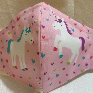 Unicorn mask/ 100% cotton/ breathable/ washable/ lightweight/ nose wire/ filter pocket/ cotton  ear loops with adjuster/ double layers/