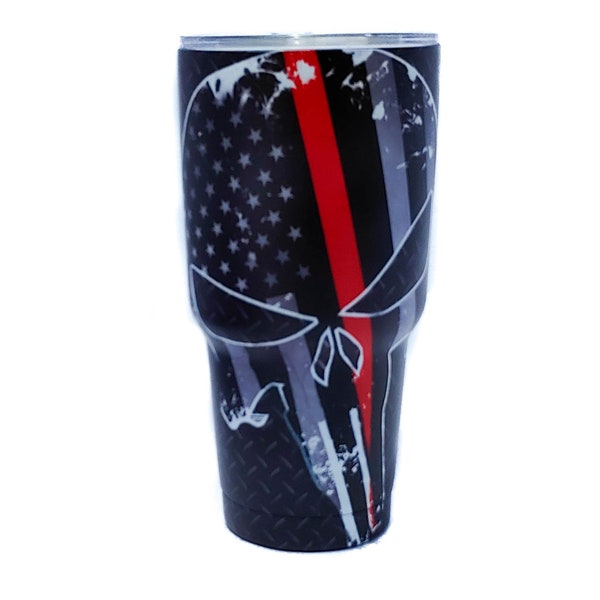 Thin Red Line Punisher Skull 30 oz Stainless Steel Vacuum Insulated Tumbler with Lid and Free Keychain