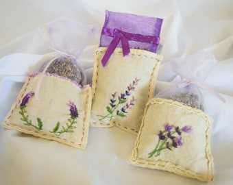 Set of Hand Embroidered Lavender Sachets | Lavender Air Freshener | Stress Relief | Moth Repellant | For Cars, Purses, Drawers, and Dryers