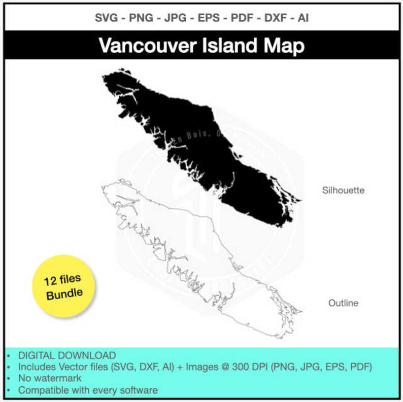 Vancouver Island Silhouette & Outline Bundle Digital SVG PNG Image