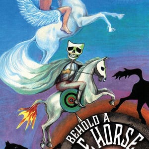 Puede incluir: Una ilustración colorida de un caballo pálido con un jinete con cara de calavera. El caballo se está encabritando y el jinete sostiene una lanza. El caballo está rodeado por un halo de luz y el fondo es un cielo azul con un sol amarillo. El texto "Behold a Pale Horse" está escrito en un círculo alrededor del caballo.