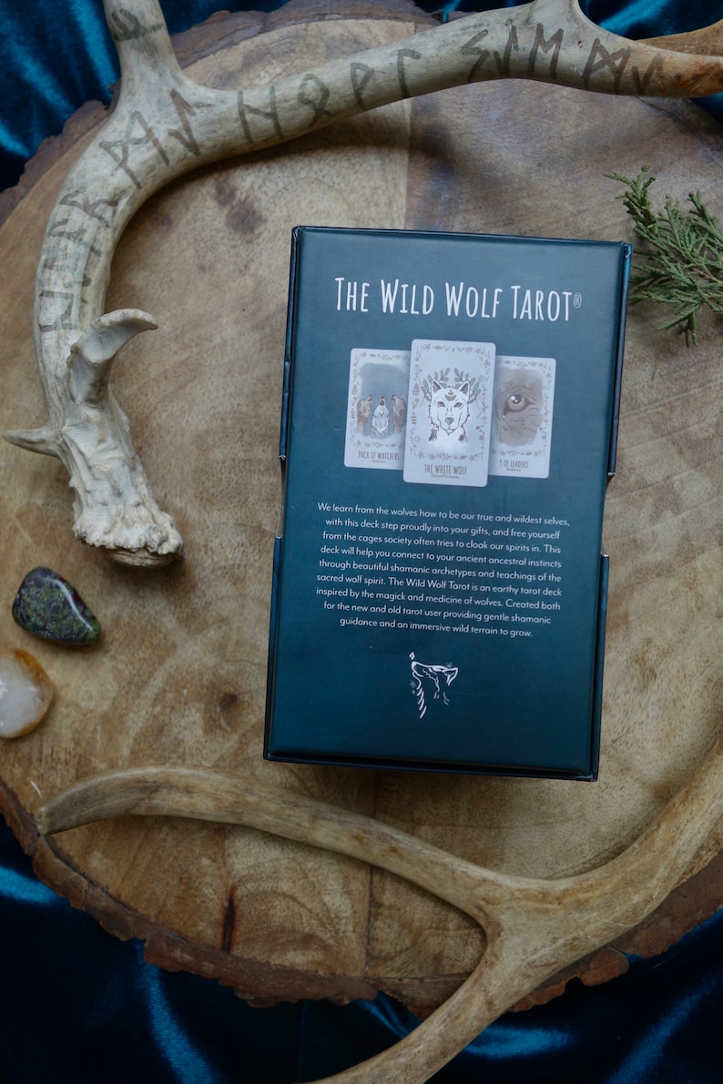 Op de afbeelding: De doos van het Wild Wolf Tarot-deck heeft een donkerblauwe achtergrond met een wolfillustratie en de tekst "The Wild Wolf Tarot". De doos bevat drie kaarten die een wolf, een groep mensen en een oog tonen.