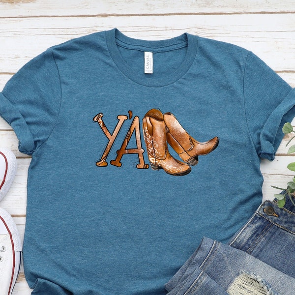 Y’all T-Shirt, Womens Cowgirl Tee, Cool Western TShirt, Cute Farm Life Shirt, Rodeo Y’all Tee, County Girl T-Shirt, Cowboy Boots Graphic Tee