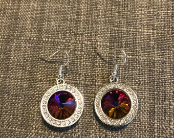 Srebrne kolczyki rivoli z cyrkoniami w kolorze wielokolorowym