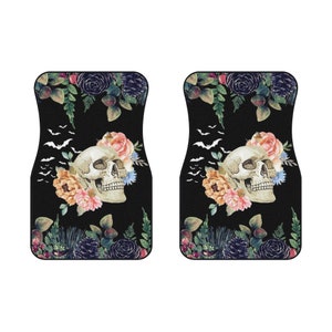 Antique Vintage Romantic Pastel Gothic Pink Roses Skull Retro Flower Scary Horror Spooky Night Halloween Car Decor Gift Car Mats (2x Front)