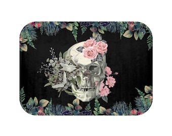 Alfombra de baño con calavera gótica y rosa: decoración vintage de Halloween