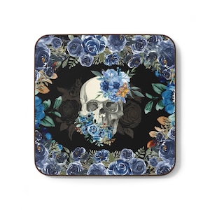 Antique Gothic Romantic Blue Roses Skull Skeleton Coasters Retro Flowers Scary Horror Vintage Halloween Spooky Night Home Decor Gift