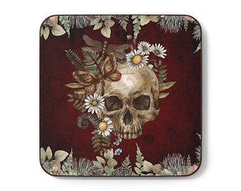 Gothic Skull Coaster: Butterfly Roses, Spooky Home Decor