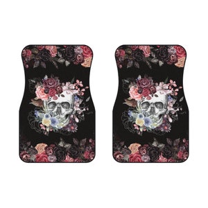 Antique Vintage Romantic Pastel Gothic Pink Roses Skull Retro Flowers Scary Horror Spooky Night Halloween Decor Gift Car Mats (2x Front)
