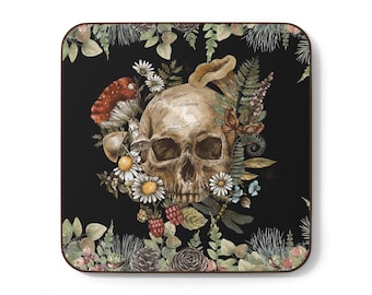 Gothic Skull Coaster: Mushroom Roses, Spooky Home Decor