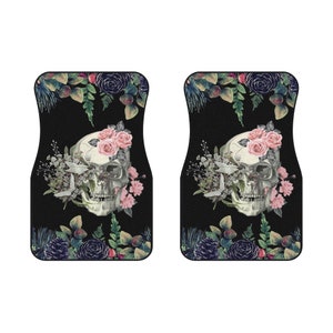 Antique Vintage Romantic Pastel Gothic Pink Roses Skull Retro Flowers Scary Horror Spooky Night Halloween Decor Gift Car Mats (2x Front)