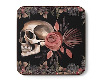 Gothic Skull & Roses Coaster: Spooky Halloween Home Decor