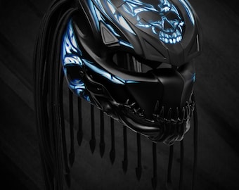 May include: A black motorcycle helmet with a blue and white skull design and a long black braid. The helmet has a futuristic, aggressive look.