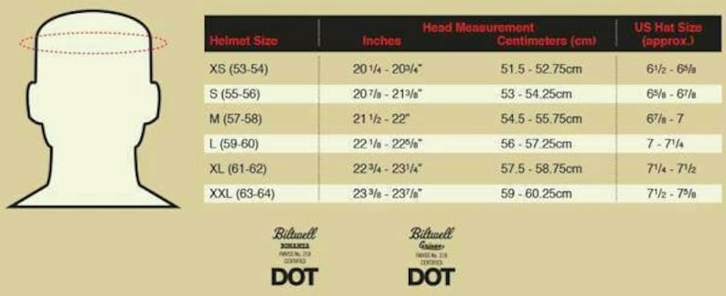 May include: A chart detailing helmet sizes, head measurements in inches and centimeters, and US hat sizes. The chart includes sizes XS to XXL, with corresponding measurements ranging from 20 1/4 inches to 23 7/8 inches (51.5cm to 60.25cm).