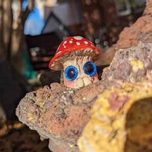 Mushroom Buddy, mushroom figure, sculpture, polymer clay creature, cottagecore decor
