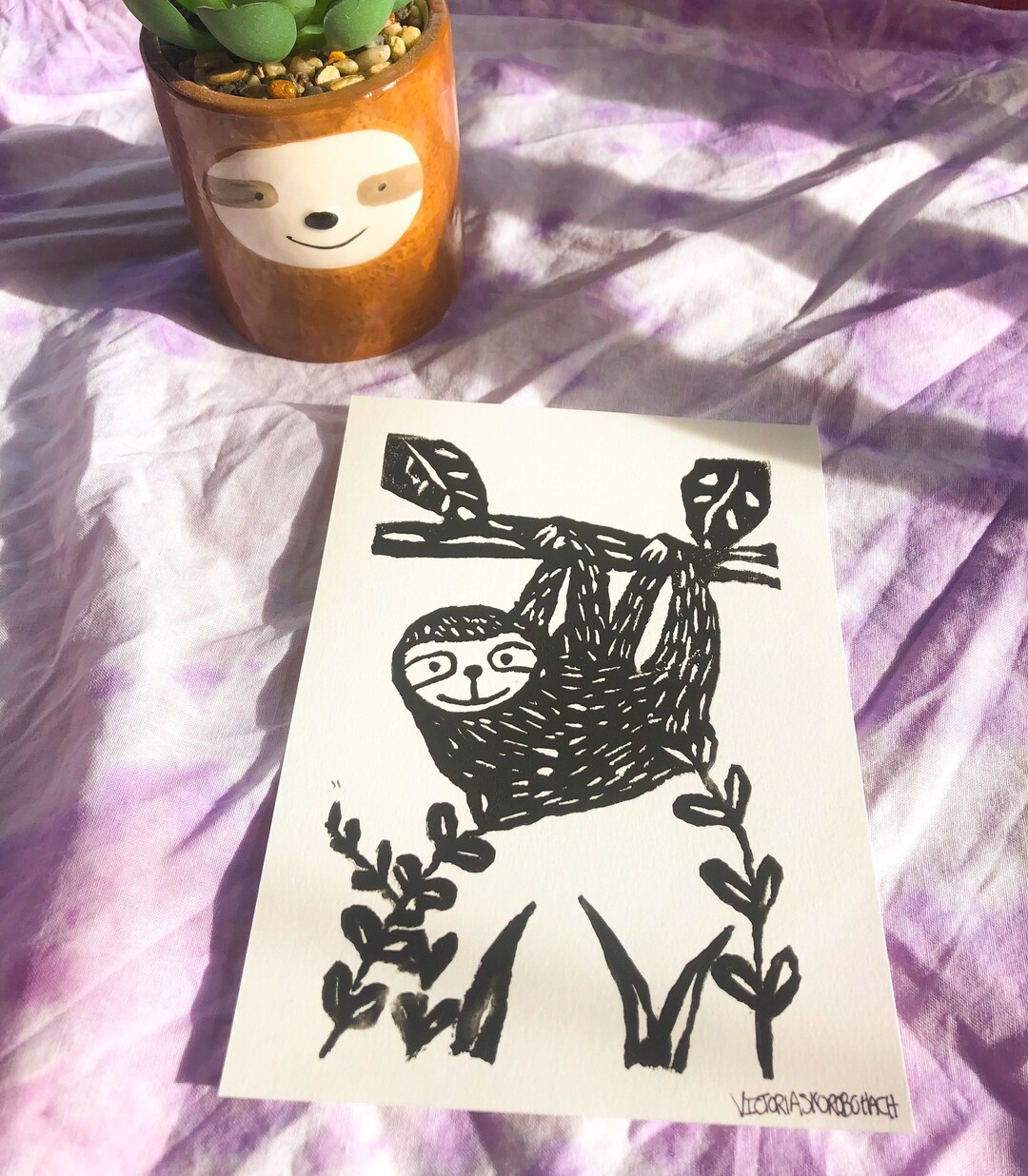 Sloth Linocut Print, Sloth Print, Linoprint Cut, Handmade Print, Sloth ...