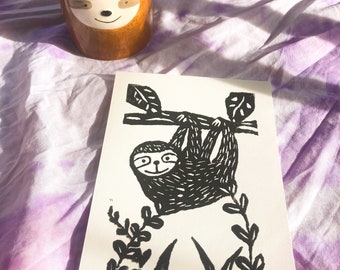 Sloth Linocut print, sloth print, linoprint cut, handmade print, sloth decor, sloth wall art, cute wall art, sloth gifts, A5 print