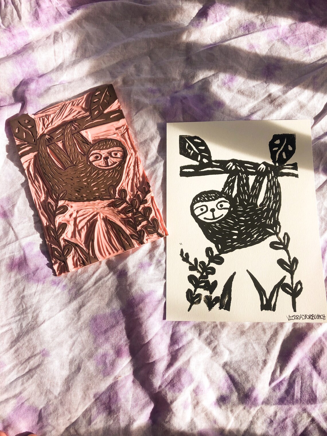 Sloth Linocut Print, Sloth Print, Linoprint Cut, Handmade Print, Sloth ...