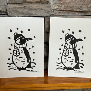 Penguin Linocut Print, Winter block print, original art