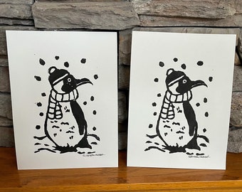Impresión en linóleo de pingüino, impresión en bloque de invierno, arte original