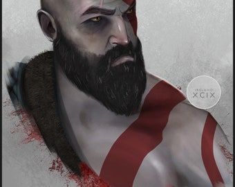 May include: A digital painting of a man with a beard and a red and white striped pattern on his chest. The man has a serious expression on his face and is looking directly at the viewer. The background is a light gray color.