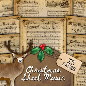Documenti musicali stampabili di Natale neutro, Canti natalizi vintage, Vecchi spartiti, Carta stampabile per diario spazzatura, File PDF di download digitale