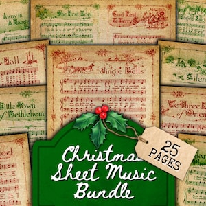 Carta musicale stampabile di Natale rosso verde, spartiti di canti natalizi vintage, carta stampabile per diario spazzatura, file PDF di download digitale