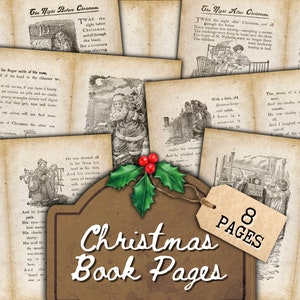 Neutrale druckbare Vintage Weihnachtsbuchseiten, Nacht vor Weihnachten, druckbares Junk Journal Papier, digitaler Download PDF-Dateien