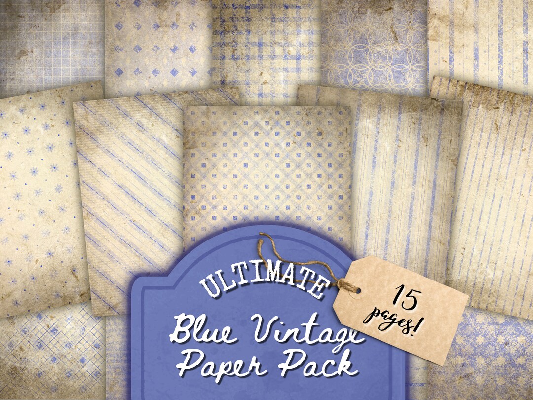 Vintage Blue Junk Journal Paper Kit, Shabby Chic, Antique