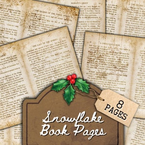 Pagine di libri vintage con fiocco di neve di Natale stampabili neutre, A Christmas Carol, carta stampabile per diario spazzatura, file PDF di download digitale 8,5 x 11