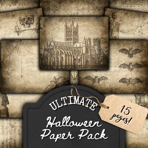 May include: A digital paper pack with 15 pages of vintage Halloween themed images. The images include a church, bats, skulls, and skeletons. The text "ULTIMATE Halloween Paper Pack" is on a black chalkboard.
