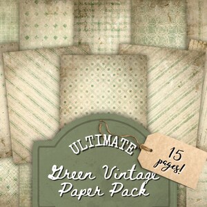 May include: A set of 15 digital papers featuring various green and white patterns on a textured background. The papers are labeled "Ultimate Green Vintage Paper Pack".