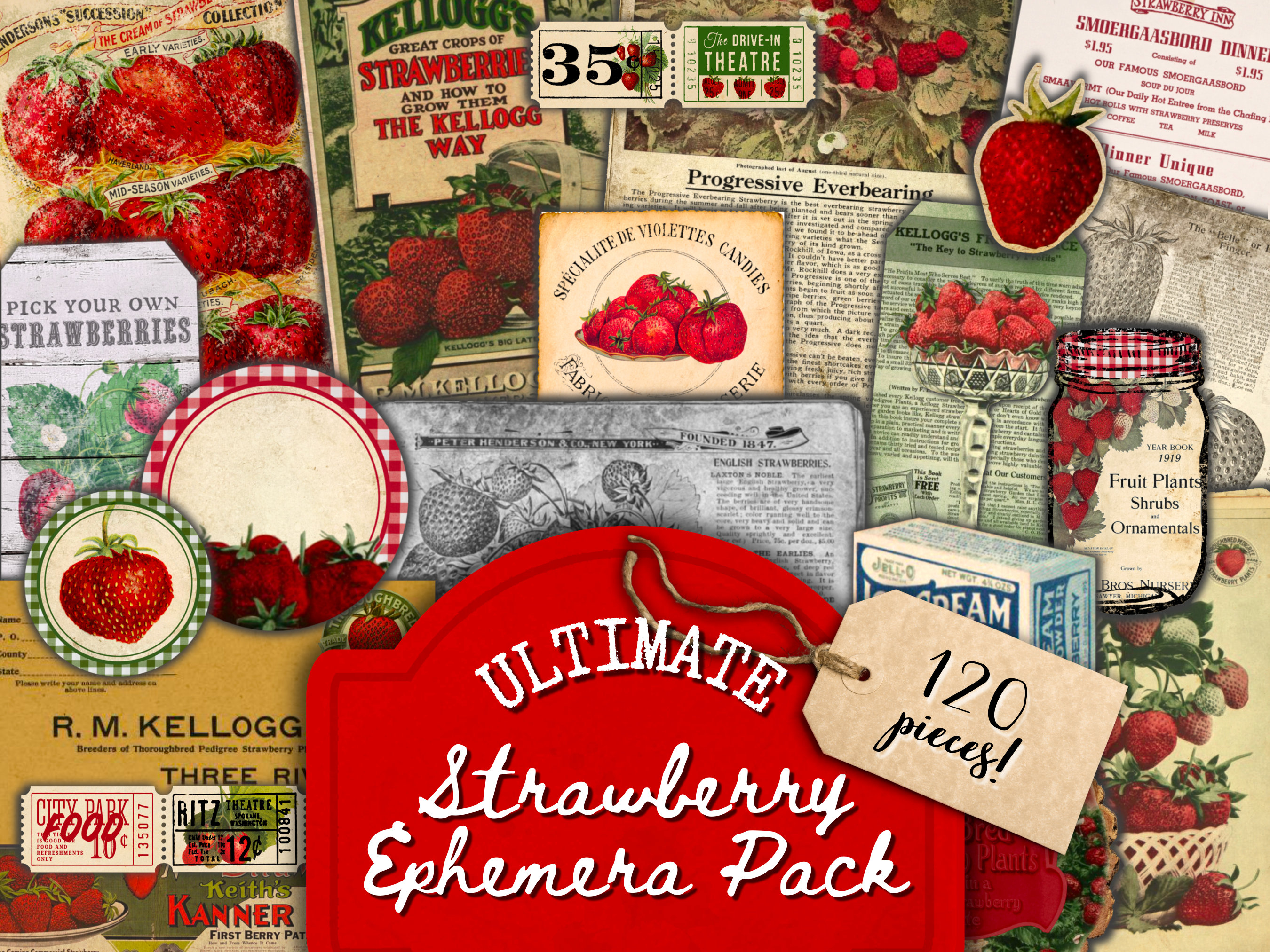 Strawberry Junk Journal Kit, Fussy Cut Strawberries, Vintage Ephemera
