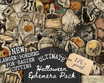 May include: A collection of 120+ vintage Halloween ephemera digital papers, including images of ghosts, bats, pumpkins, skulls, and more. The papers are designed with larger borders for easier cutting.  "NEW LARGER BORDERS FOR EASIER CUTTING ULTIMATE Halloween Ephemera Pack 120+ pieces!"