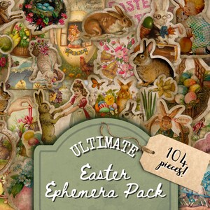 Easter Junk Journal Kit, Fussy Cut, Vintage Ephemera, Bunny Egg Embellishments, Spring Clipart, Printable, Digital Download, PDF, Stickers