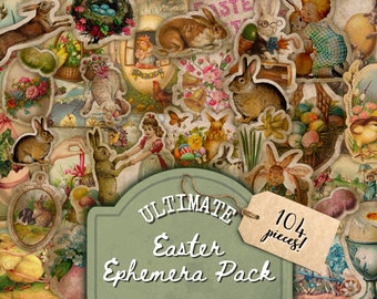 Easter Junk Journal Kit, Fussy Cut, Vintage Ephemera, Bunny Egg Embellishments, Spring Clipart, Printable, Digital Download, PDF, Stickers