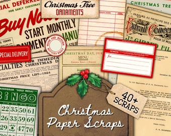 May include: A collection of vintage Christmas paper scraps with a variety of designs, including a Christmas tree ornament, a bingo card, a Christmas Day menu, and a Christmas tree advertisement. The scraps are in various colors, including red, green, and brown. The text on the scraps includes "Christmas Tree Ornaments", "Christmas Day, 1918", "Buy Now", "Start Monthly Payments", "Special Delivery", "Christmas Trees", "Extrail Concentré", "40+ Scraps", and "Christmas Paper Scraps".
