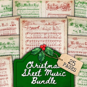 Partituras navideñas imprimibles en verde rojo, Cuento de Navidad vintage, papel de música antigua, papel de diario basura imprimible, archivo PDF de descarga digital