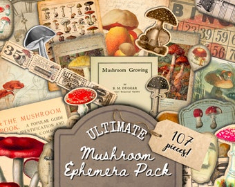 Mushroom Junk Journal Kit, Fussy Cut Mushrooms, Vintage Ephemera, Mushroom Embellishments, Printable, Digital Download, PDF, Ephemera Bundle