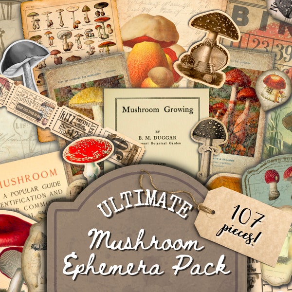 Mushroom Junk Journal Kit, Fussy Cut Mushrooms, Vintage Ephemera, Mushroom Embellishments, Printable, Digital Download, PDF, Ephemera Bundle