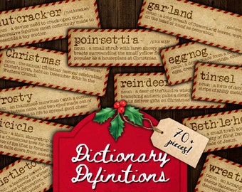 Vintage Christmas Dictionary Definitions, Christmas Word Tags, Holiday Labels, Printable Junk Journal Ephemera, Digital Download PDF Files