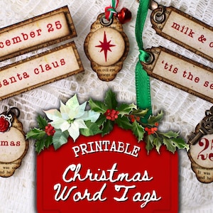 Vintage Red Christmas Word Tags, Printable Junk Journal Charms, Christmas Book Pages, Skinny Typewriter Words, Digital Download PDF Files