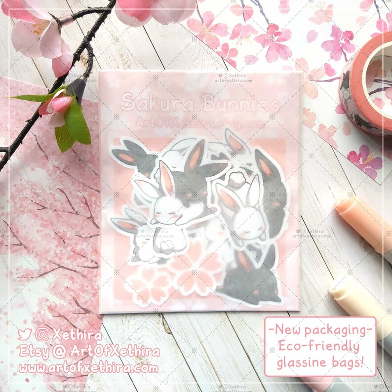 Sakura Bunnies Sticker Pack Cherry Blossom Bunny Rabbit Love Couple Cute Kawaii Stationery Journal Bujo Planner Die-cut Gift Present image 3