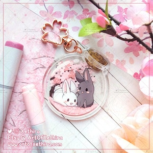 B GRADE Sakura Bunny Bottle Acrylic Charm | Cherry Blossom Rabbit Couple Keychain | Cute Kawaii Pendant Accessory