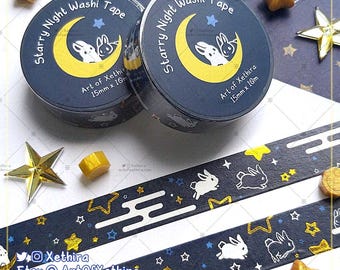 Starry Night Gold Foil Washi Tape 15mm x 10m | Moon Stars Bunny Rabbit Couple Masking Tape | Cute Kawaii Stationery Journal Bujo Planner