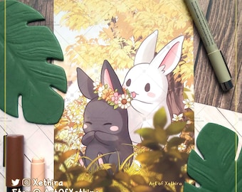 Fall Bunny Flower Crown 5x7 inch Art Print | Autumn Leaves Cozy Bunnies Rabbit Flowers Daisy | Cute Kawaii Painting Illustration Gift