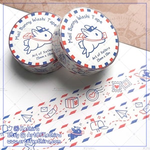 Ruban adhésif Washi Mail Bunny 15 mm x 10 m | Ruban de masquage lapin Happy Mail pour bureau de poste | Joli carnet de papeterie kawaii Bujo Planner